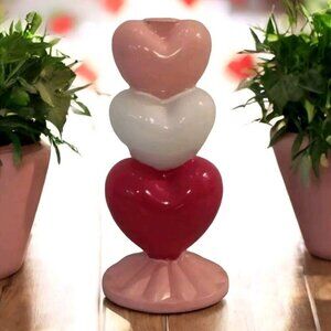 NEW 3 Stacked Hearts Pink / White Valentine Day Candle Sticks Holder 9" Tall